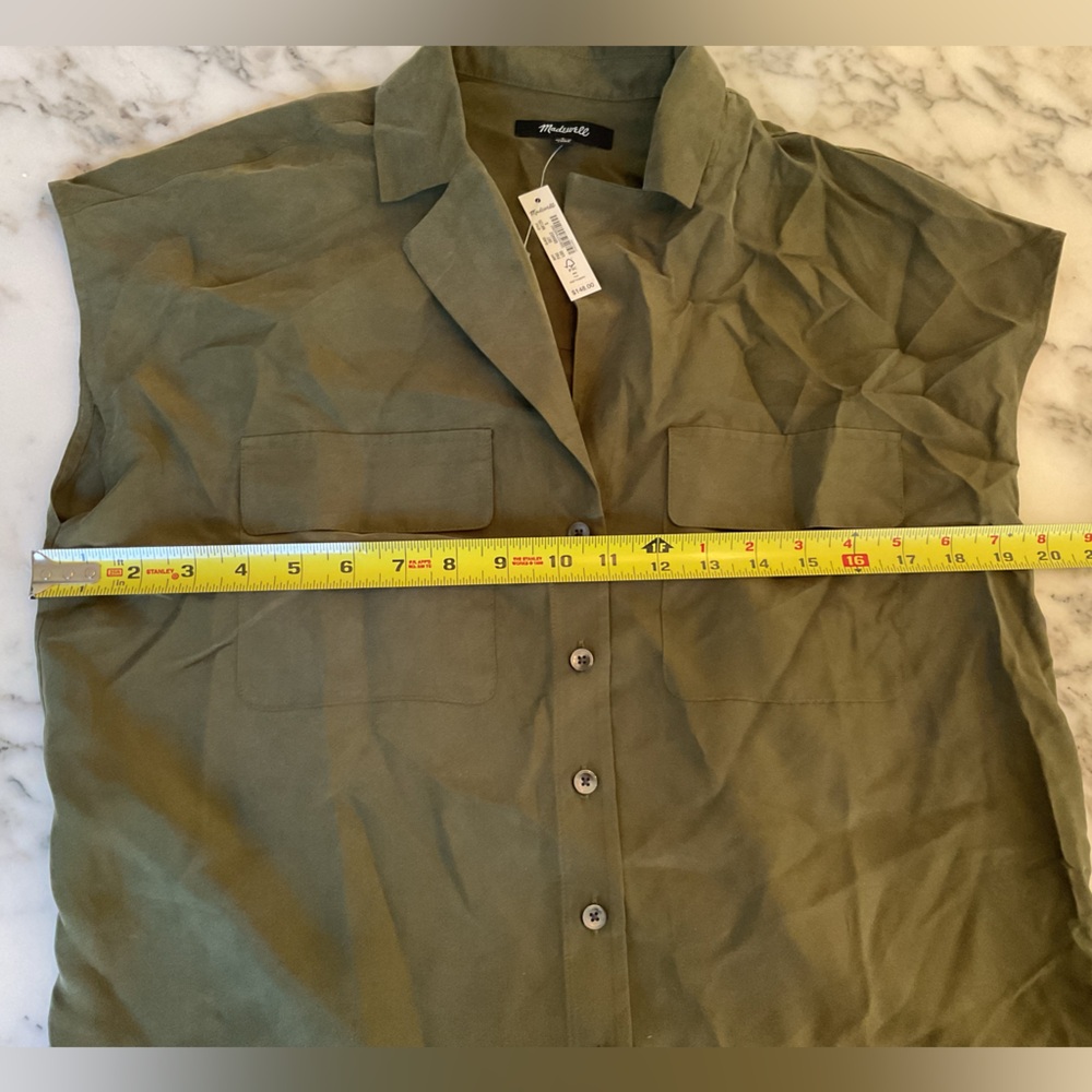 NWT Madewell Washable Silk Drapey Patch Pocket Sleeveless Shirt Loden Green Sz S - Picture 8 of 13